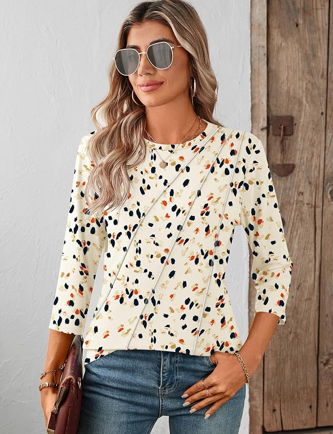LOMON 3/4 Length Sleeve Womens Tops Spring Summer Fashion 2026 Tops Crew Neck Pleated Shirts Tunic Top Loose Fit