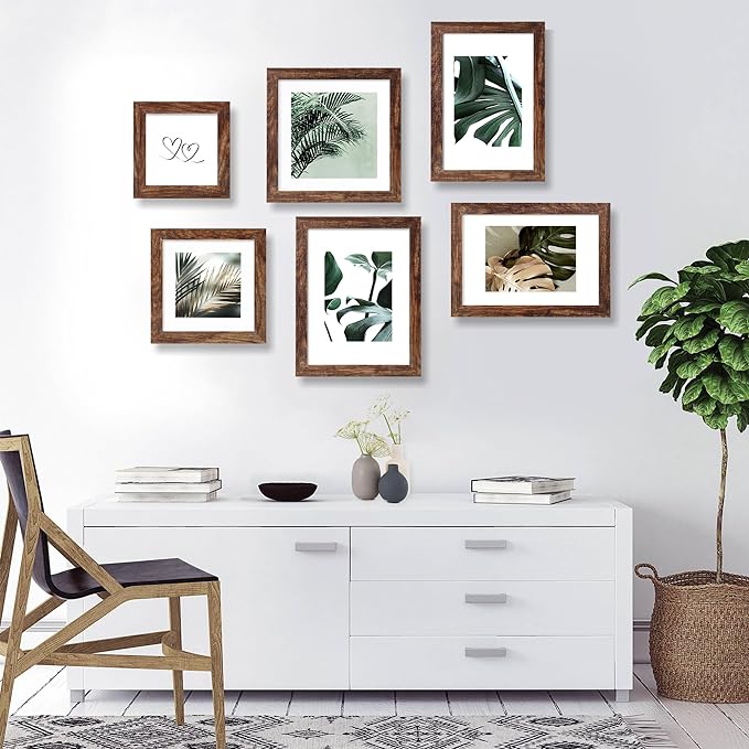 Hongkee 9x12 Picture Frame Set of 4, Made of Glass and Rustic Brown Wooden Frame - Display Picture 6x8 with Mat or 9 x 12 Without Mat, 9 by 12 Photo for Wall or Tabletop