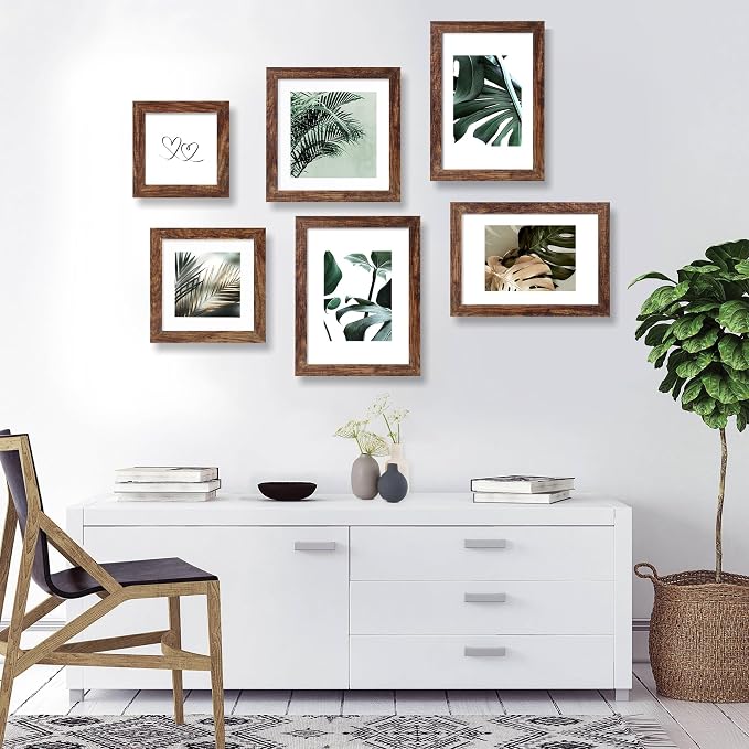 Hongkee 10x14 Picture Frame Set of 4, Made of Glass and Rustic Brown Wooden Frame, Display 8x12 Pictures with Mat or 30 x 40cm Diamond Painting Art without Mat for Wall Mounting, Gallery Photo Frames