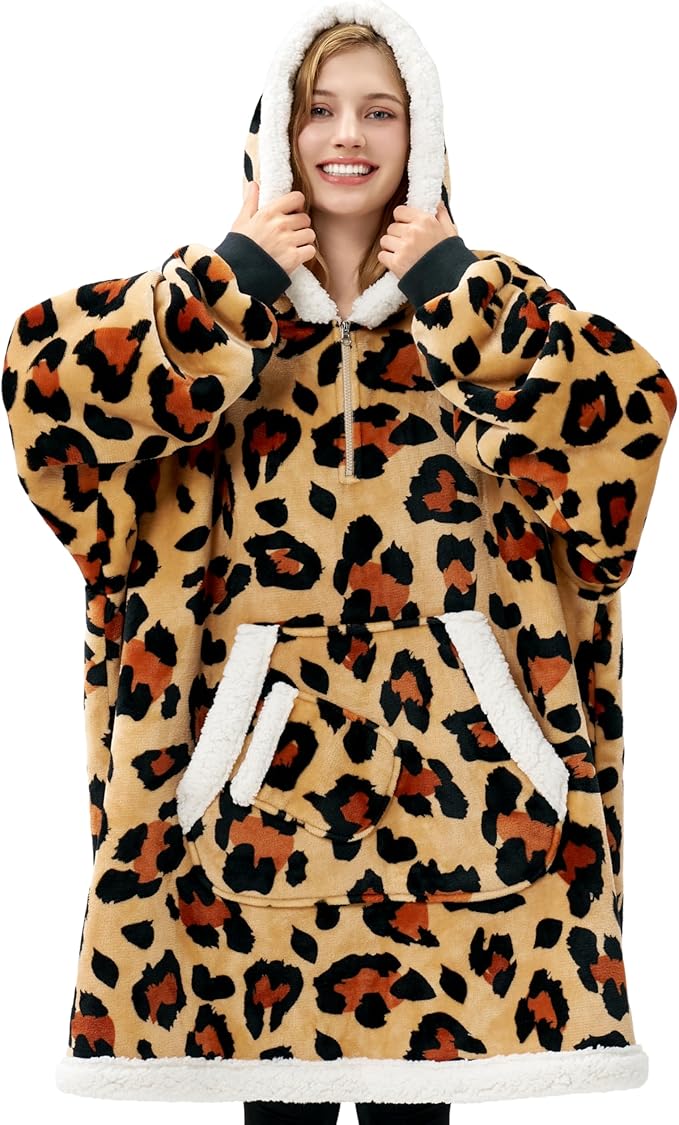 Giggling Getup Wearable Blanket Hoodie for Adults Gifts for Teen Girls Sister Women Sherpa Fleece Printed Hooded Blanket Sweatshirt Warm Cozy with Pocket & Sleeves Brown Leopard