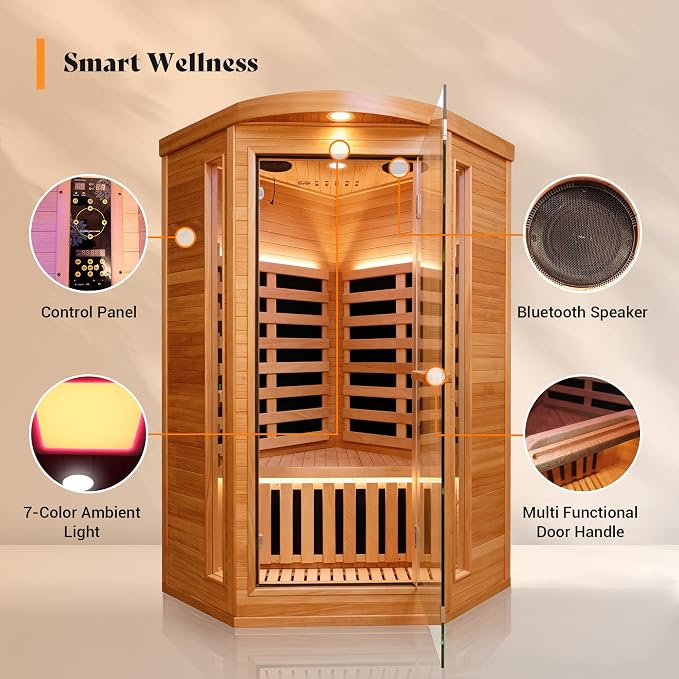 Sauna, Infrared Sauna for Home Far Infrared Saunas Room Corner Sauna for 1 Person Low-EMF Wood Dry Sauna with Speakers Oxygen Bar 7 Color Light 1300W Fast Heating Easy Assembly 37.4x37.4x70.9