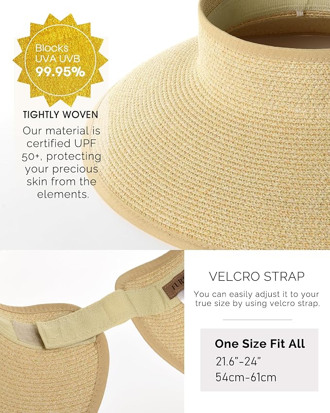 FURTALK Womens Sun Hat with Ponytail Hole Wide Brim Beach Straw Visor | Foldable & Packable for Beach Vacations, Adjustable Fit for Messy Buns, Detachable Windproof Strap, Sweat-Wicking Inner Band