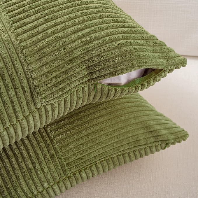 Fancy Homi 2 Packs Moss Green Lumbar Decorative Throw Pillow Covers 12x20 Inch for Living Room Couch Bed, Rustic Farmhouse Boho Home Decor, Soft Striped Corduroy Rectangle Accent Cushion Case 30x50 cm