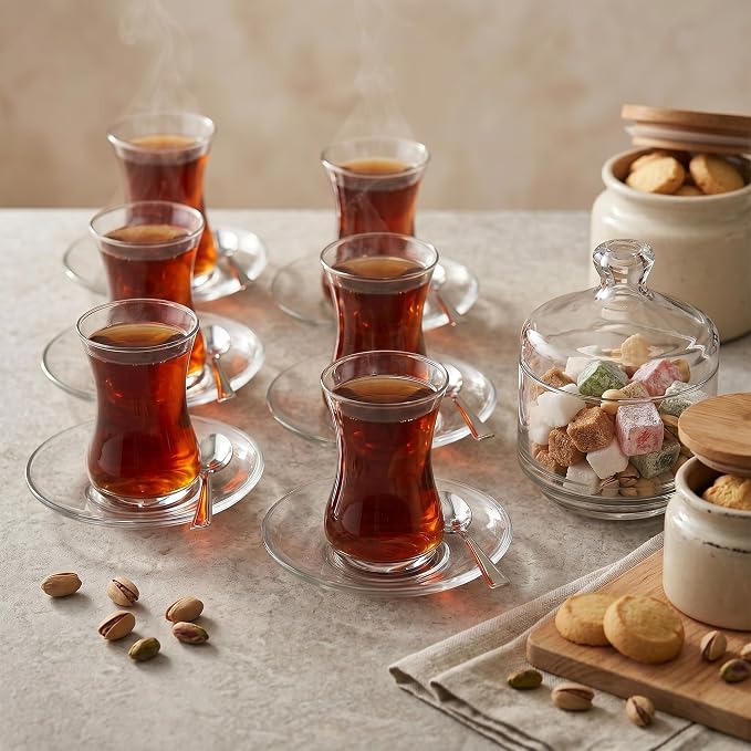 19 Pieces Turkish Tea Glasses Set Includes; 6 Glasses, Tea Cups (4.5 oz), 6 Saucers, 6 Stainless Steel Spoons and Sugar Bowl with Glass Cover (8.6 oz)