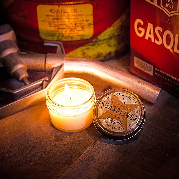 Gasoline Scented Candle 4 oz - Soy Aromatherapy Candle with Jar - Great Fun Gifts for Birthday, Anniversary, Christmas, New Year, House Warming and More - Four Points Trading Co.