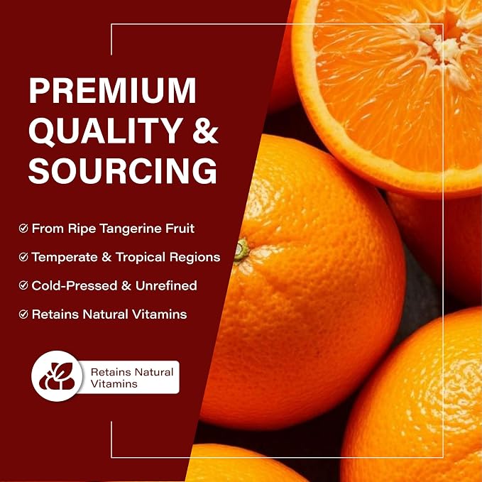 Tangerine Essential Oil, Citrus Reticulata, Cold Pressed Citrus Peel Oil, Sweet Citrus Aroma for Aromatherapy, Diffuser, Massage, Skin Care, Natural Fragrance Oil for Blends – 4 Fl oz