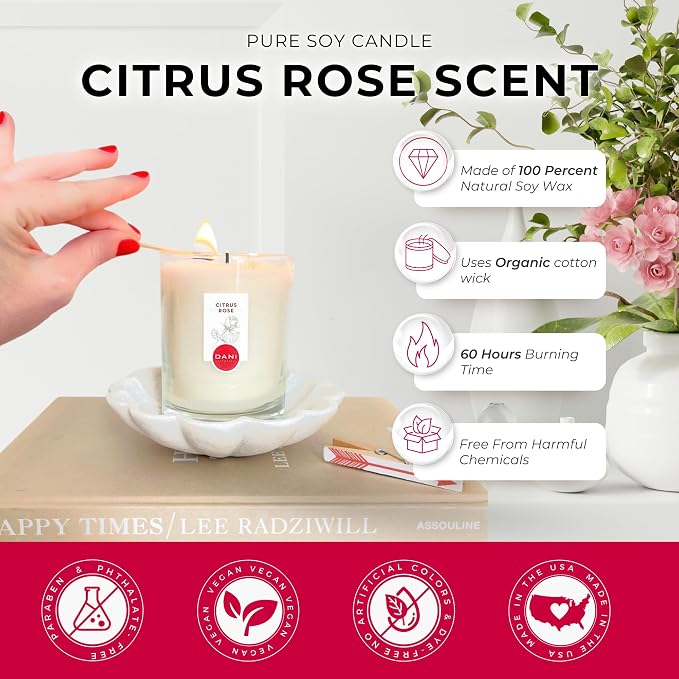 DANI Naturals Citrus Rose 100% Soy Wax Candle, Non-Toxic, 7.5oz | Vegan,soy wax candle,Clean-burning with organic cotton wick,Bright citrus rose scent,Made in USA