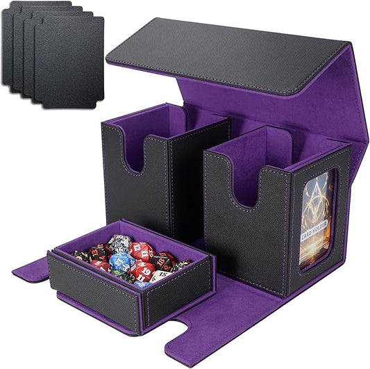 AFIING MTG Commander Deck Box 200 Double Sleeved Cards Storage, 3-in-1 Magnetic Card Case Organizer for Magic: The Gathering TCG CCG, 4 Dividers & 2 Toploaders Black/Purple