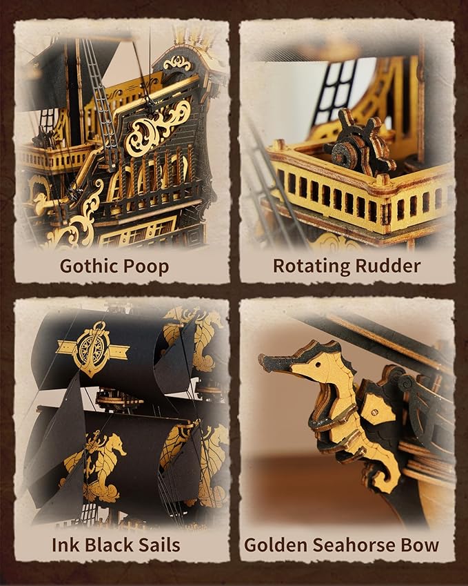 ROKR Seahorse Barque 3D Wooden Puzzle for Adult - Sailboat Model Kit, 603-Piece DIY Assembly, 1:100 Scale Sailboat MCB02