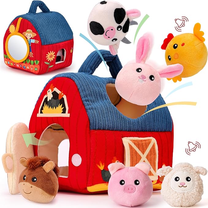 hahaland Baby Toys 6-12 Months - Surprise Barn Stuffed Farm Animals, Rattle, Crinkle, Mirror, Montessori Toys for 6 Month Old Babies Sensory Balls Toddlers 1-3 Gifts Christmas Baby Stocking Stuffers