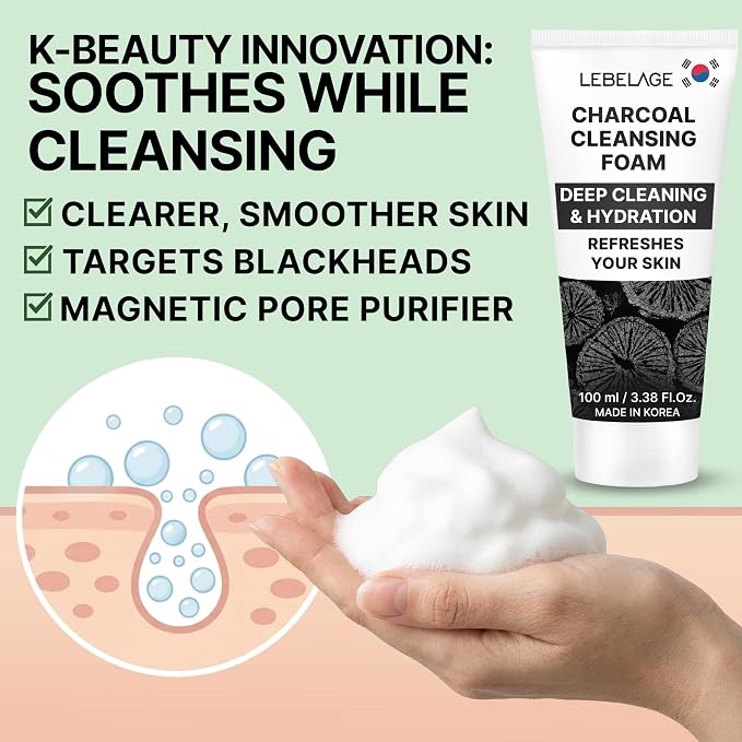 LEBELAGE Korean Charcoal Facial Cleanser 3.38 oz | Cleansing Foam Face Wash | Low pH Gentle Hydrating Daily Facial Cleanser Sensitive Skin | Deep Cleansing Foaming Cleanser, Pore Care-All Skin Types