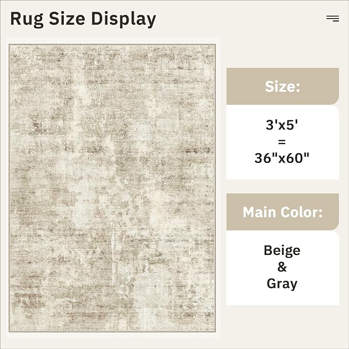 Soalmost Abstract 3x5 Rugs, Small Kitchen Entryway Area Rug Beige/Gray | Vintage Low Pile Carpet for Nursery Coffee Table Bathroom, Foldable Stain Resistant Indoor Door Mat Entrance Powder Room