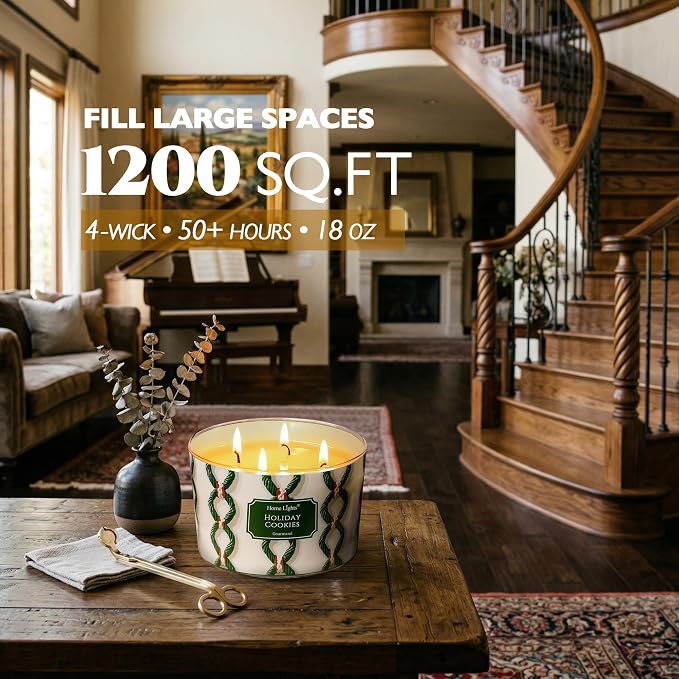 HomeLights 4-Wick Candles for Home Scented - 18oz Soy Wax Blend Candle Long-Lasting Fragrance, Rustic Modern Home Decor and Housewarming Gifts, Holiday Cookies