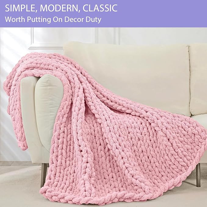 Bigacogo Chunky Knit Throw Blanket for Couch, 40x80 inches, Blush Pink | Hand Knit with Jumbo Chenille, Soft Breathable Cable Knit for Sofa Bed Living Room, Machine Washable, Gift for Mom Friend