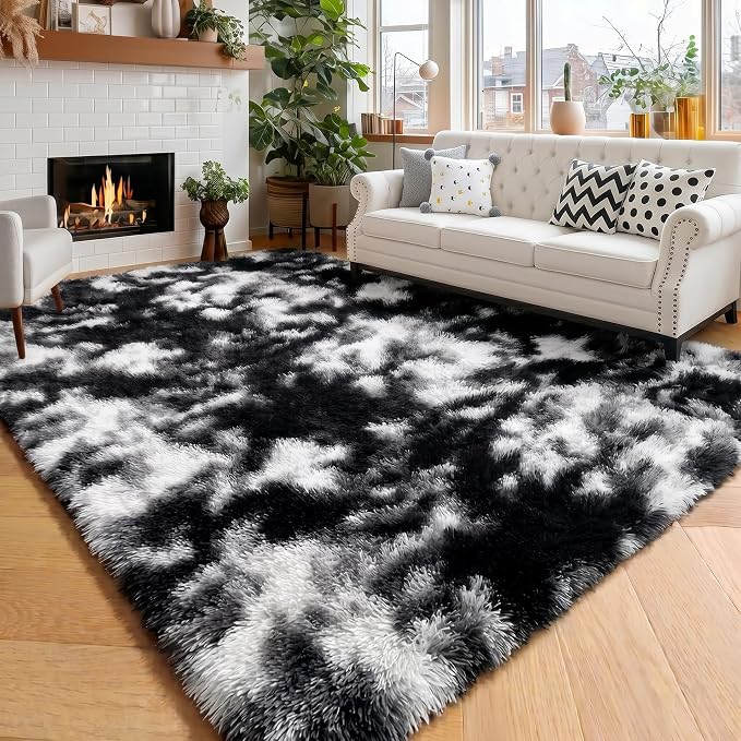 Amdrebio Black White Grey Rugs for Living Room Bedroom, 8x10 Large Fluffy Shaggy Furry Area Rug for Kids Room Dorm Home Office Apartment, Fuzzy Shag Plush Floor Modern Cool Carpet for Men Teen Boys
