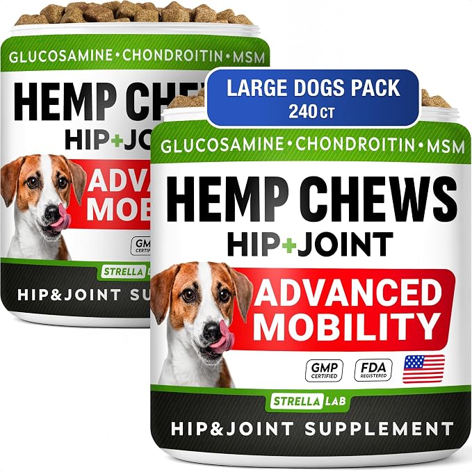 Large Breed Hemp + Glucosamine Dog Joint Supplement - Hemp Chews for Dogs Hip Joint Pain Relief - Omega 3, Chondroitin, MSM - Advanced Mobility Hemp Oil Treats for Large Dogs - Made in USA - 240 Ct