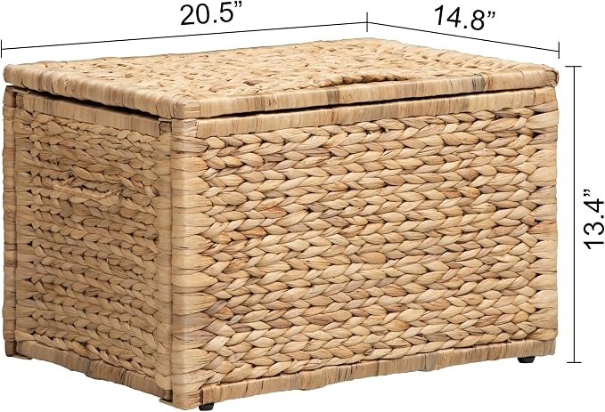 Storage Trunk with Metal Frame, Natural, 20.5 by 14.8 by 13.4 Inches | Safety Hinge, Heavy-duty Wicker Chest, Handwoven Water Hyacinth