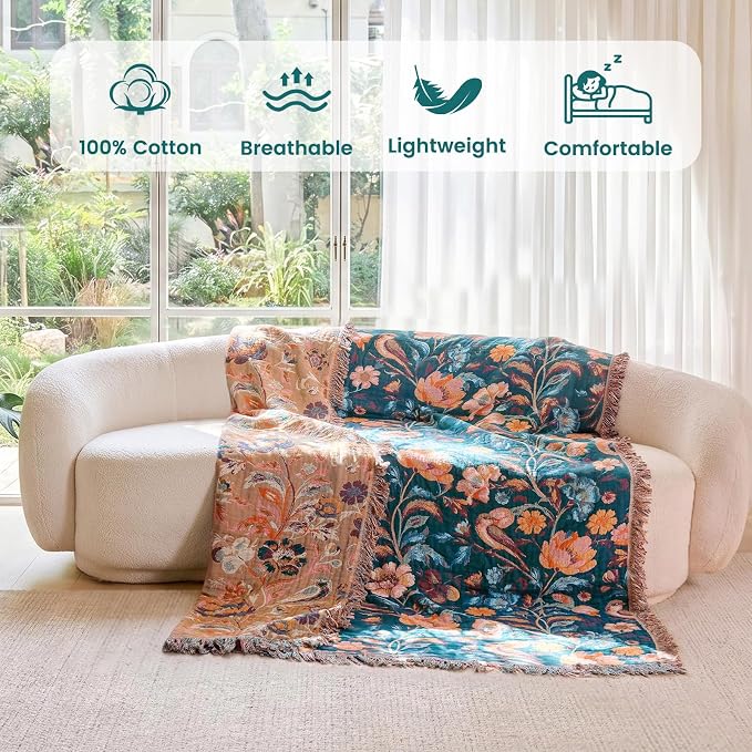 MSGKV Boho Throw Blanket 50"x60" Cotton Birds Floral Blanket for Couch | Muslin Throw, Birds Floral Pattern, Reversible Woven, Lightweight Comfort, Farmhouse Decor, All Seasons, Machine Washable