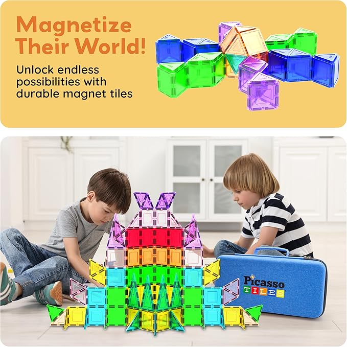 PicassoTiles Magnetic Tiles 101pcs Magnet Tile Building Blocks STEM Toy Set with Storage Case Educational Construction Kit for Kids Toddlers Boys Girls Age 3 Plus Travel Learning Carry Bin PB101