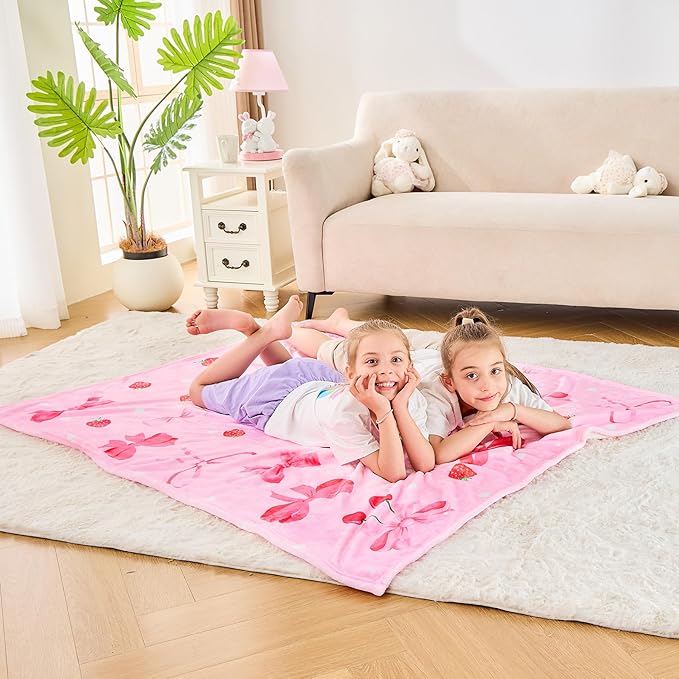 Wajade Strawberry Bow Gifts for Boys Girls - Strawberry Bow Blanket Birthday Christmas Decor for Kids Age 3 4 5 6 7 8 9 10 11 12 Years Old Teens Child Toddler Throw Light Grey 50"x60"