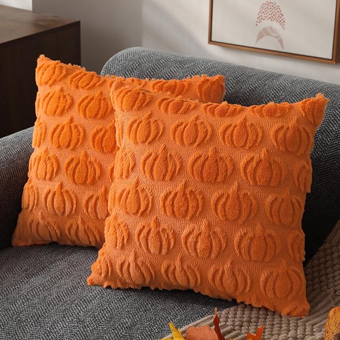 DFXSZ Fall Pillow Covers 20x20 2Pcs Orange Pumpkin Fall Decoration for Home | Fall decor Set of 2 Throw Pillow Cases Soft Plush Faux Fur Wool Couch Cushion for Chair Sofa Bedroom Living Room Home Decor
