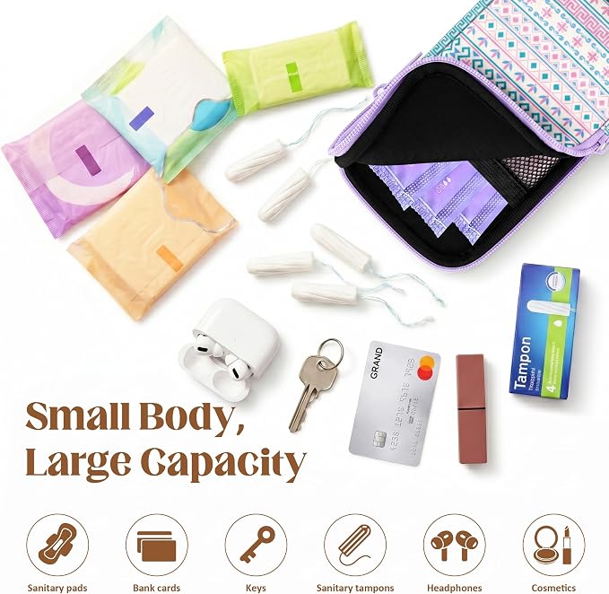 2 Pack Portable Tampon Holder Zippered Pouch with Snap Hook, Waterproof Travel-Friendly Discreet Period Bag, Feminine Products Organizer for Women Purse (Bohemia)