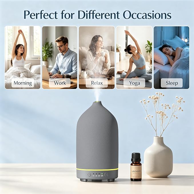 Gooamp 200ML Ceramic Essential Oil Diffuser - Ultrasonic Aromatherapy & Humidifier with 7-Color LED Lights, Auto Shut-Off, Grey, 1H/3H/6H Timer | Scent for Home,Office,Yoga