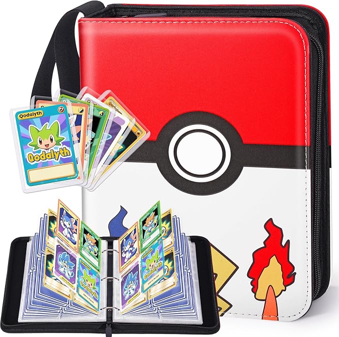 Card Binder – 4 Pocket Zipper Collection Album, Premium PU Holder, Double-Sided Display for 400 Cards, Includes 5 Hard Plastic Sleeves for Game Cards, Sports Cards（Cartoon Stickers）