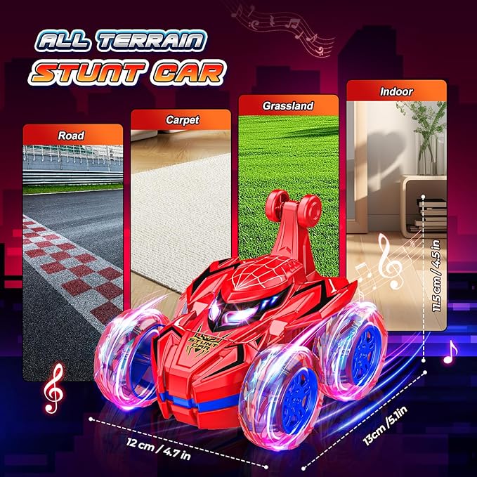 Remote Control Car, Boys Toys Age 4-6 6-8 8-12 360° Rotating 2.4GHz Fast Stunt RC Cars with Cool Lights Music 4WD Off Road RC Crawlers Birthday Party Outdoor Xmas Gifts for 3-12 Year Old Boys