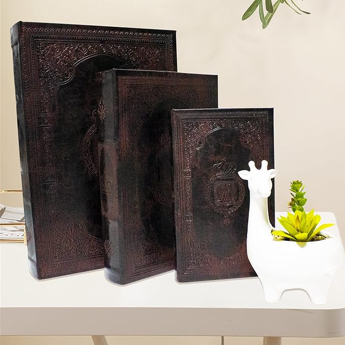 Decorative Book Box Set of 3,Vintage Style Book Shaped Storage Box | Leather Decorative Wooden Trinket Jewelry Books Boxes with Antique Embossed Pattern,Mother's Day/Graduation/Birthday Gift
