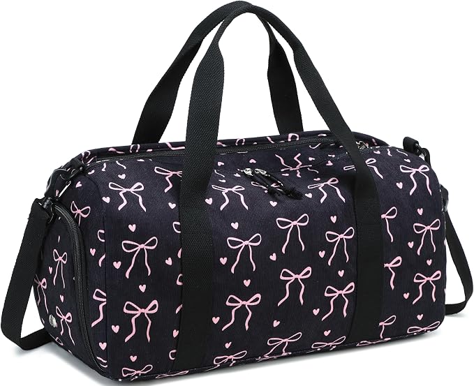 Gym Bag Sports Duffle Bag with Wet Pocket Weekender Overnight Bags with Waterproof Shoe Pouch and Air Hole for Girls Kids Women Workout Travel Bags (Bow Tie Black)