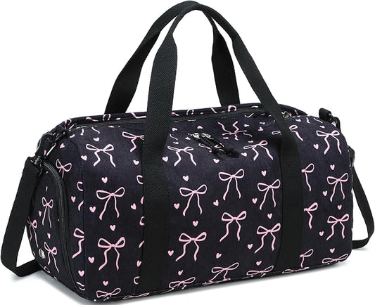 Gym Bag Sports Duffle Bag with Wet Pocket Weekender Overnight Bags with Waterproof Shoe Pouch and Air Hole for Girls Kids Women Workout Travel Bags (Bow Tie Black)