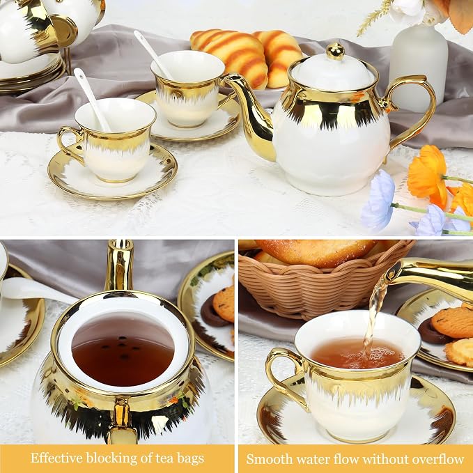 Porcelain Tea Set, Large Ceramic Tea Set for Adults with Metal Holder, 20 Pcs European Tea Cup Set, Luxury Adult Tea Sets Gift, Gold Trim Tea Cup Saucer Sets for Party Deco,1000ML (Gold Trim)
