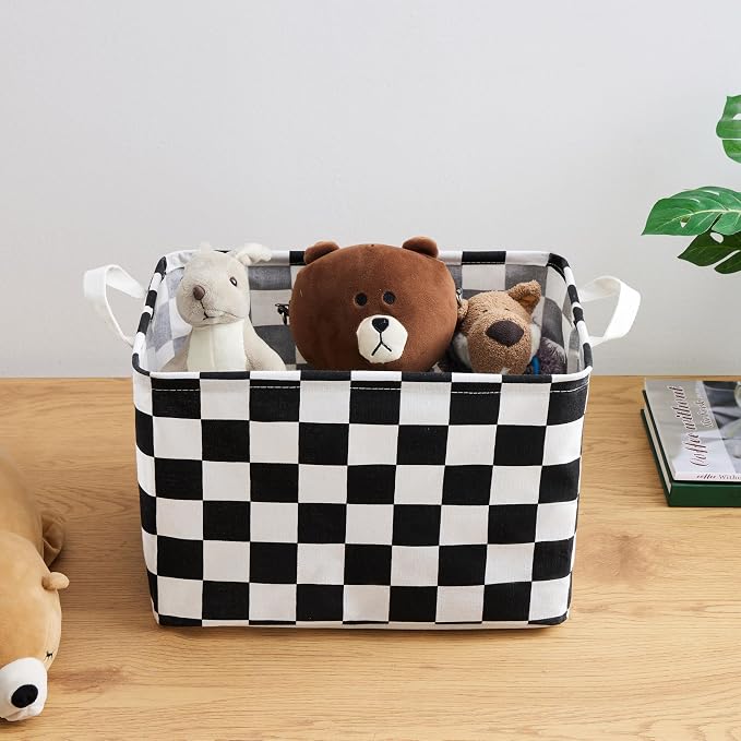 Ohocut Black White Checkered Canvas Basket, Rectangular Organizing Decorative Storage Basket for Kids Dog Toy, Cute Aesthetic Race Cars Boy Room Decor for Home, Kitchen, Bedroom, Classroom, Shelves