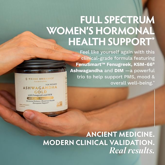 Tribe Organics Ashwagandha Gold - DIM Supplement for Women with Ashwagandha KSM-66®, FenuSmart™ Fenugreek & AstraGin - Clinical-Grade Hormone Balance, Estrogen Support & PMS Relief - 60 Vegan Capsules