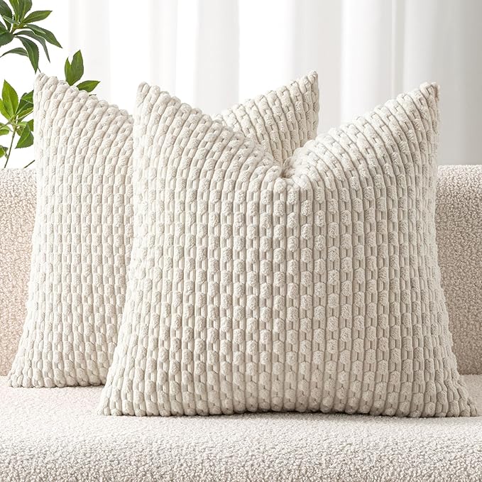 MIULEE Decorative Throw Pillow Covers 20x20 Cream White Textured Corduroy | Pack of 2 Striped Pillow Covers Modern Farmhouse Home Decor for Couch Bed Sofa Living Room