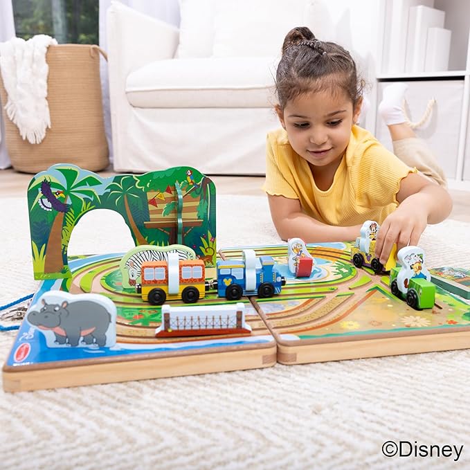Melissa & Doug Disney Take-Along Safari Adventure Wooden Play Set with Built-in Tracks – 20 Pieces | Mickey Mouse, Minnie, Wooden Toy for Boys and for Girls 3+ - FSC Certified