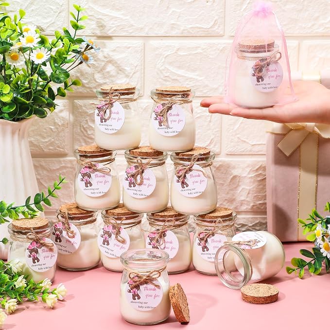 Threlaco 20 Pcs Bear Baby Shower Favors Party Candle Lavender Scented Glass Mason Jar Wax Candle Bulk for Guests Girl Boy Gender Reveal Party Gifts(Pink)