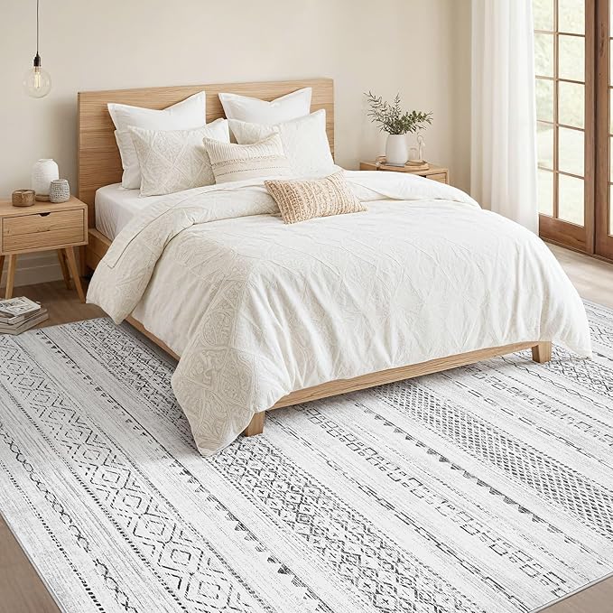 Nakagishi Boho 6x8 Area Rug Living Room Rugs Machine Washable Gray | Soft, Pet & Kid Friendly, Carpet for Living Room/Bedroom/Office/Kitchen/Nursery, Daily Home Decor Stain Resistant Moroccan