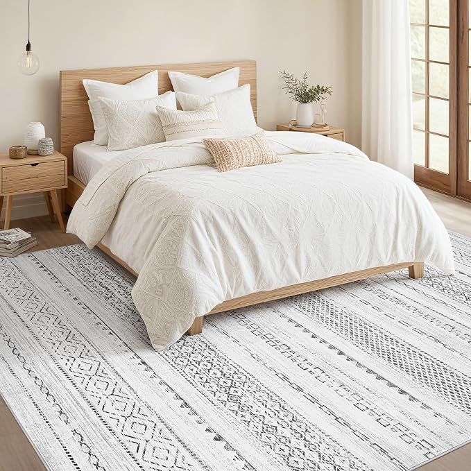 Nakagishi Boho 7x9 Area Rug Living Room Rugs Machine Washable Gray | Soft, Pet & Kid Friendly, Carpet for Living Room/Bedroom/Office/Kitchen/Nursery, Daily Home Decor Stain Resistant Moroccan