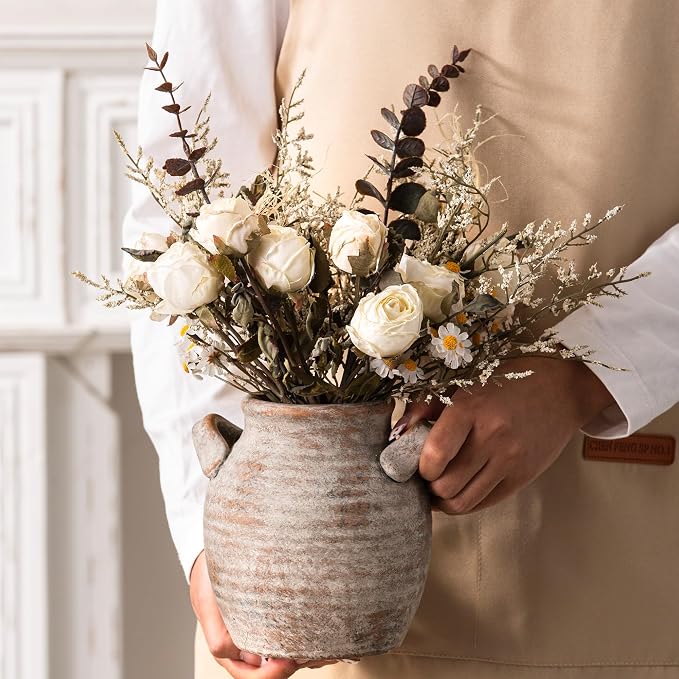 Vanselia Ceramic Flower Vase Home Decor - Farmhouse Table Vases with Handle Living Room Decoration Vintage Decorative Aesthetic for Shelf Coffee Dining Desk House Bookshelf Fireplace (6" Rustic)
