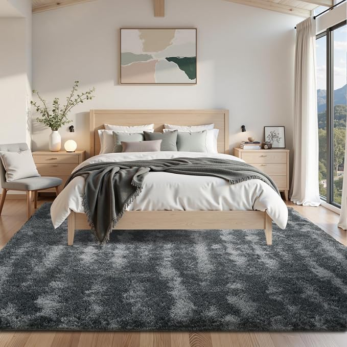 Area Rugs for Living Room 8x10 Feet, Soft Fluffy Shagg Plush Bedroom Rug Non-Slip,Large Carpet for Nursery Kids Dorm Home Decor Rippling Grey