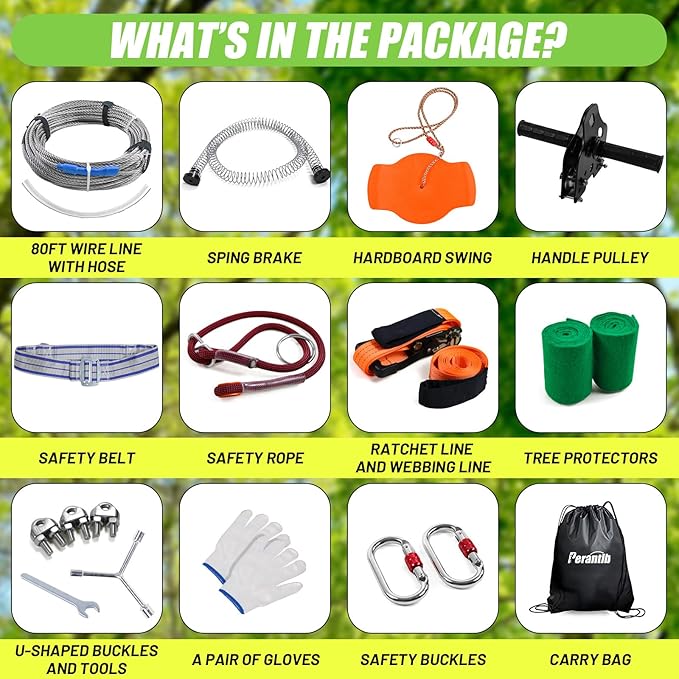 Zipline for Backyard Kids and Adults,Zipline Kits for Backyard with 80ft Cable,6ft Zipline Spring Brake and Belt,Zip line Trolley with Handle,seat and Bag