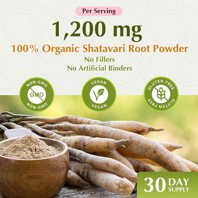 Jiva Botanicals Shatavari Capsules for Women – 1,200mg Organic Shatavari Powder for Hormonal Balance, Women’s Reproductive Health & Menopause Support – Non-GMO, Vegan, Gluten-Free – 60 Capsules