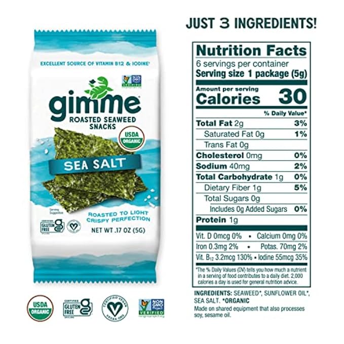 gimMe Seaweed, Sea Salt, 6 Count, Pack of 2 | Organic | Keto & Vegan | Gluten Free | Source of Iodine