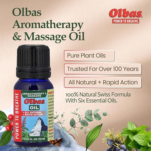 Olbas Aromatherapy Inhalant and Massage Oil Pack Of 4 (0.32 Fl Oz), body massage oil, Swiss Herbal Remedies with Pure Essential massage oils for muscle relaxing and soothing comfort for pain relief