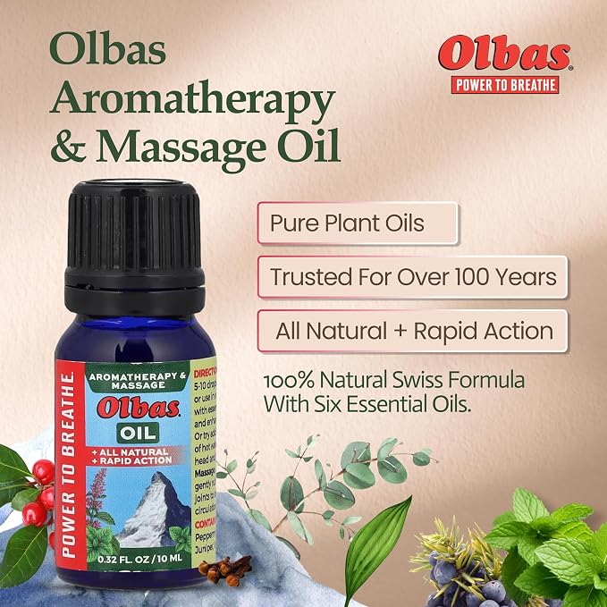 Olbas Aromatherapy Inhalant and Massage Oil Pack of 1 (10 ml), Body Massage Oil, Swiss Herbal Remedies with Pure Essential Massage Oils for Muscle Relaxing and Soothing Comfort for Pain Relief