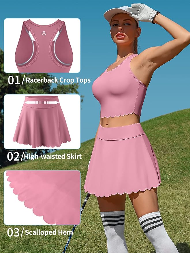 ATTRACO Tennis Outfits for Women Racerback Golf Dress Workout Dress | Athletic Skirt Set, Built-in Shorts, 2 Pockets, Scalloped, Racerback, High Waisted, Pickleball, Workout Set