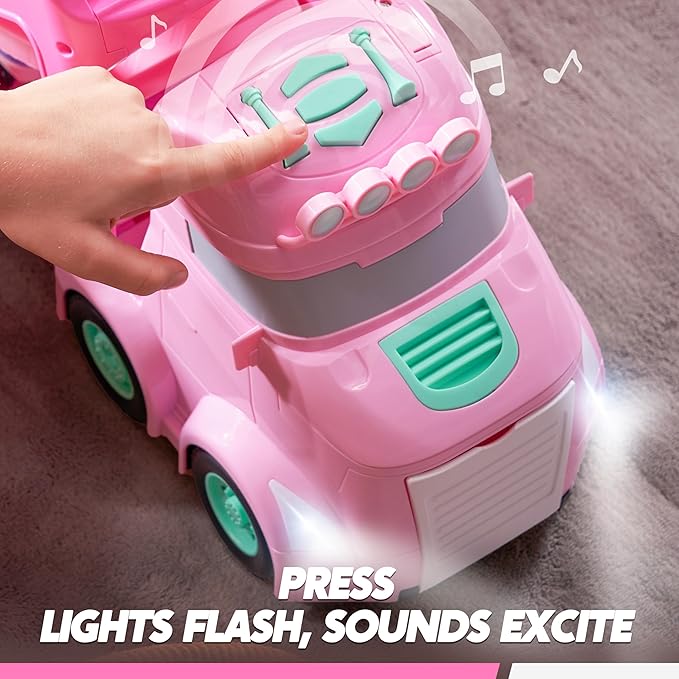 Vroomix Extra Large Toy Trucks for Toddlers, 3-Layer Princess Pink Trucks for Girls, 7-in-1 Big Carrier Truck with Siren & Lights and 6 Toy Cars, Christmas Birthday Gifts for Girls