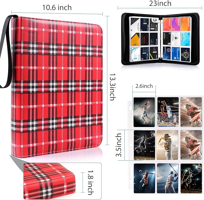WOT I Trading Card Binder, 900 Pockets Baseball Card Binder Sleeves with Zipper, Double Sided Pockets Card Holder Carry Card Case for Baseball Card, Football Card, Scottish Style, Black+Red